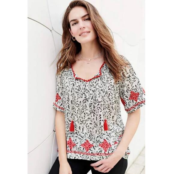 J. Jill Embroidered Pintuck Top Red Black White Size L Petite - Picture 9 of 13